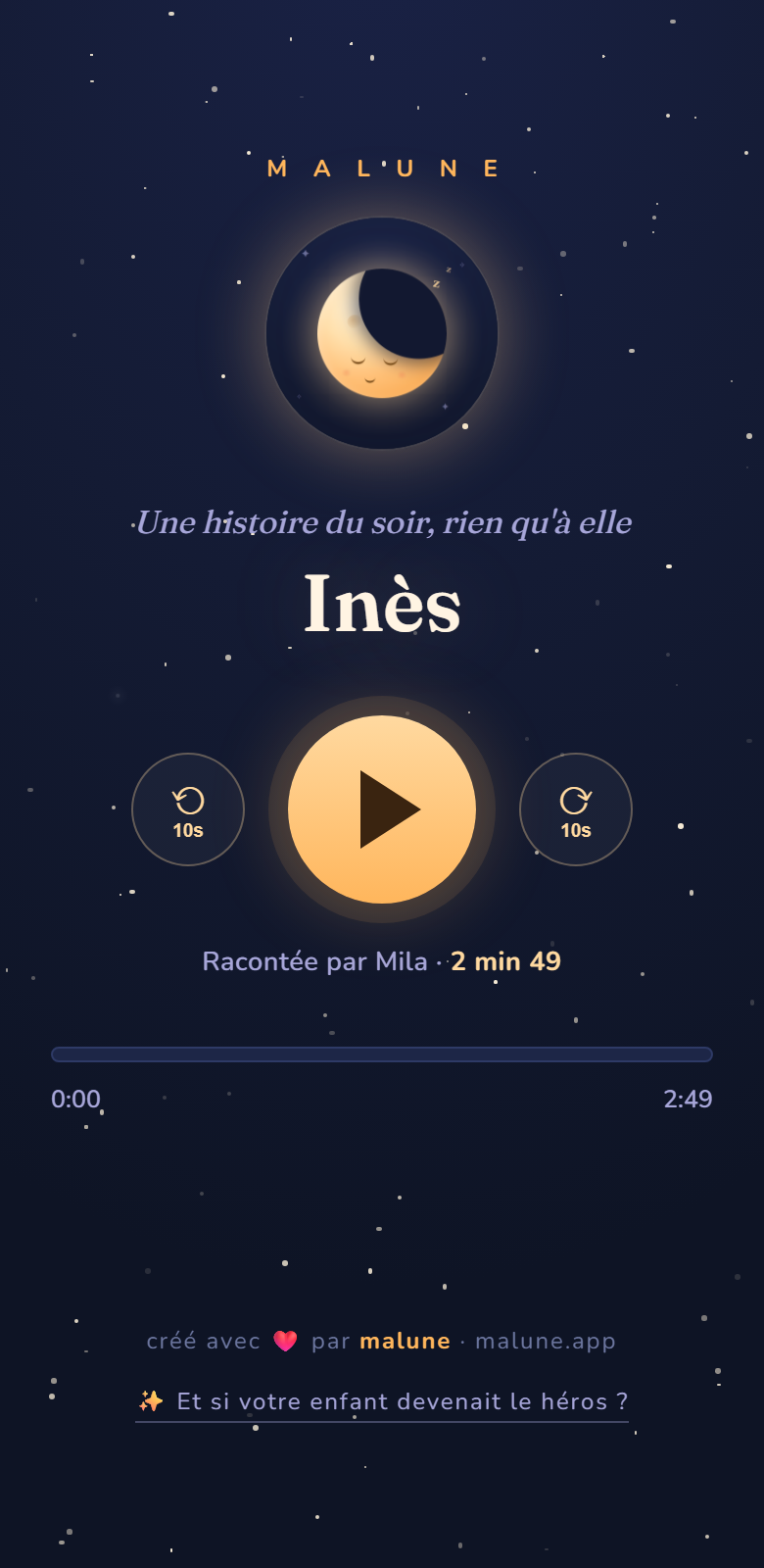 Exemple de page d'histoire personnalisée Malune pour un enfant : son prénom en grand et un lecteur audio doux pour l'histoire du soir